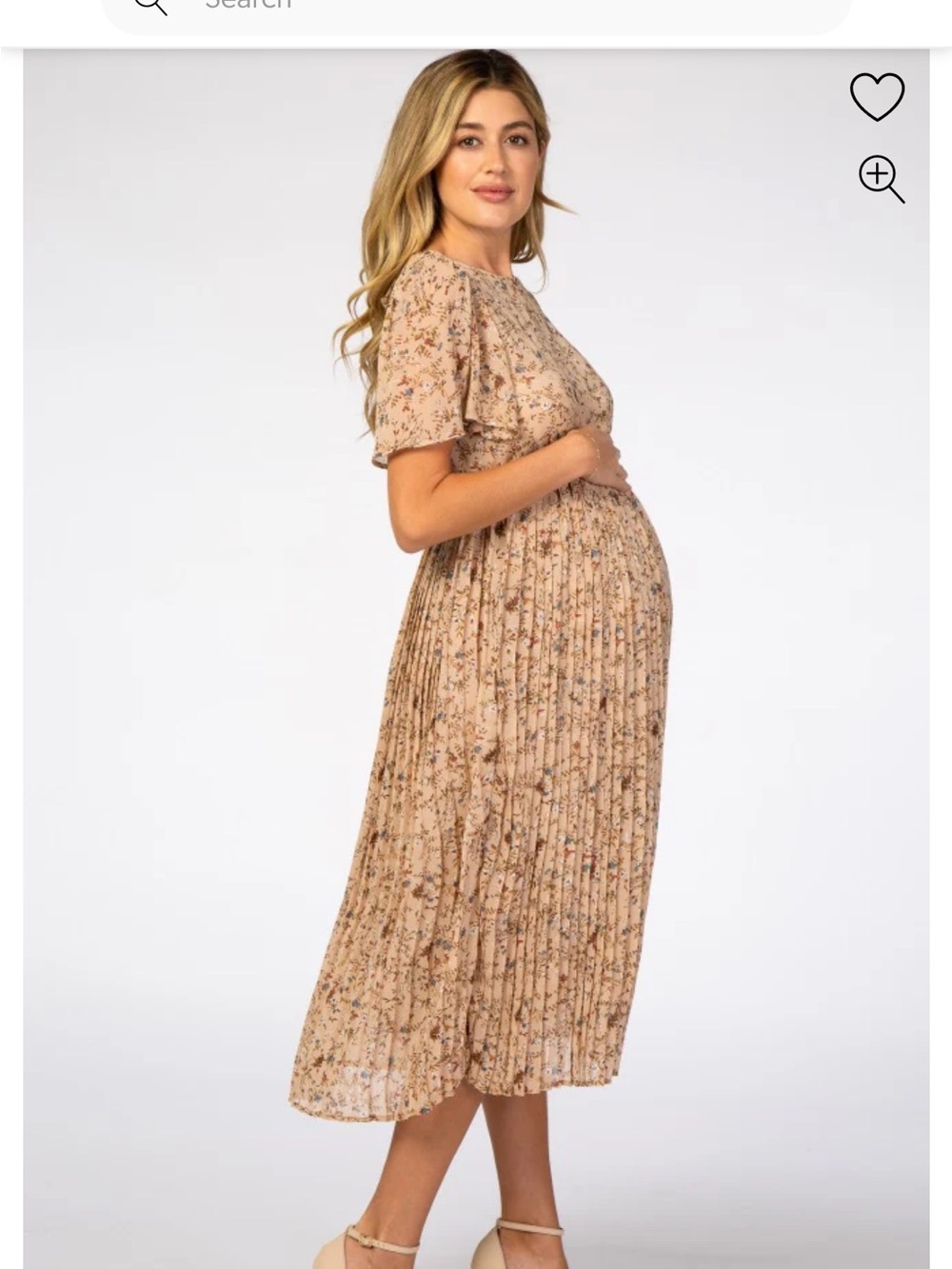 PinkBlush Beige Floral Pleated Maternity Midi Dress | Baby Shower / Photos